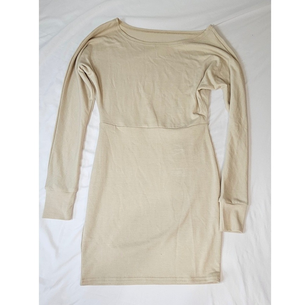 Modno Tan Beige Knit Long Sleeve Boat Neck Empire Waist Mini Dress Small